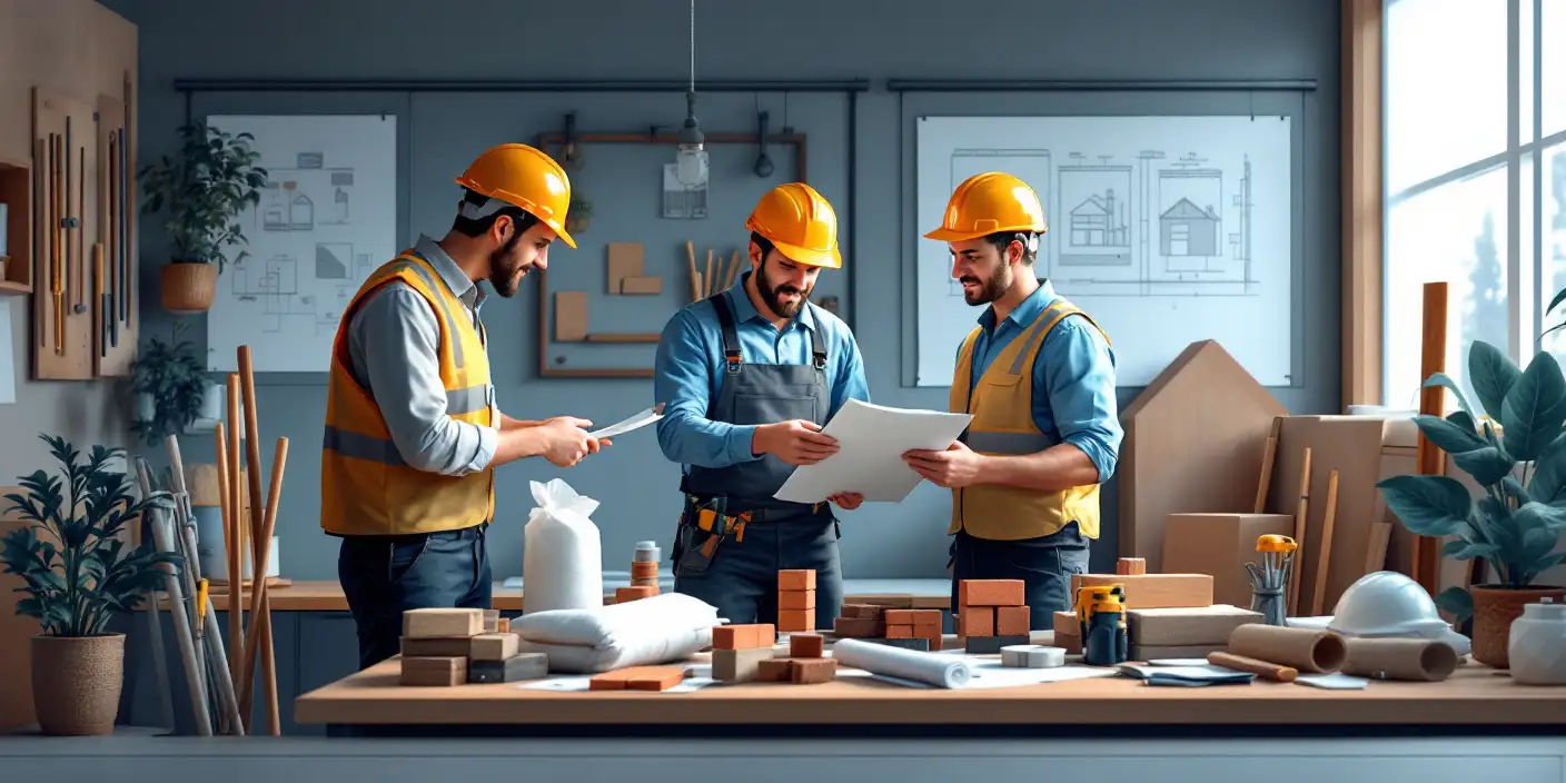Construction workers discussing packages around a table with building materials and blueprints